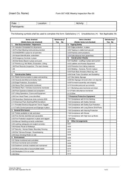 Form Hse Weekly Inspection Inspection Checklist Survey