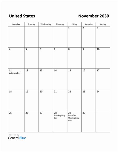 Free Printable November 2030 Calendar For United States