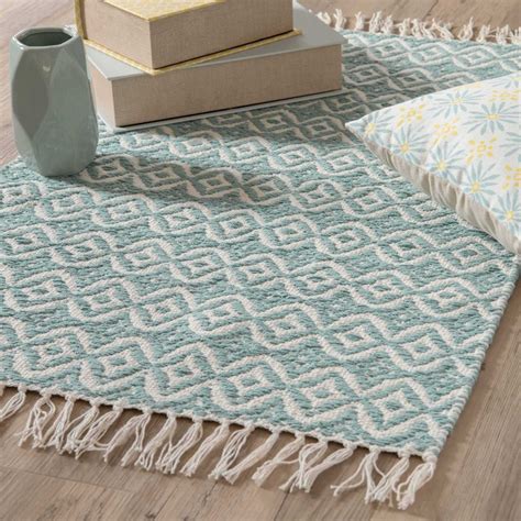 Handmade teppich jute baumwolle weiß chindi streifen verknotet dhurrie 70x140cm. Teppich aus blauer Baumwolle mit Motiven 60x90 COLLIOURE ...