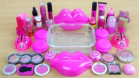 Hot Pink Slime Mixing Makeup And Glitter Into Clear Slime Satisfying