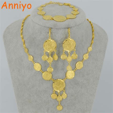 108us Anniyo Arab Metal Coin Jewelry Set Necklace Earrings Bracelet
