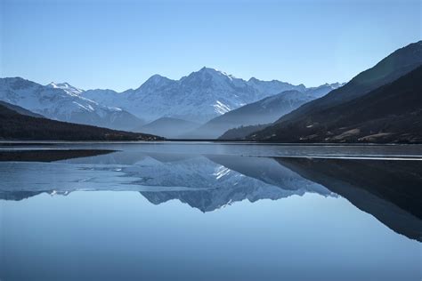 Grey Calm Body Of Water Near Snow Covered Mountain At Daytime Hd