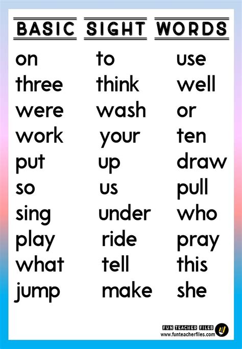 Basic Sight Words Chart Fun Teacher Files