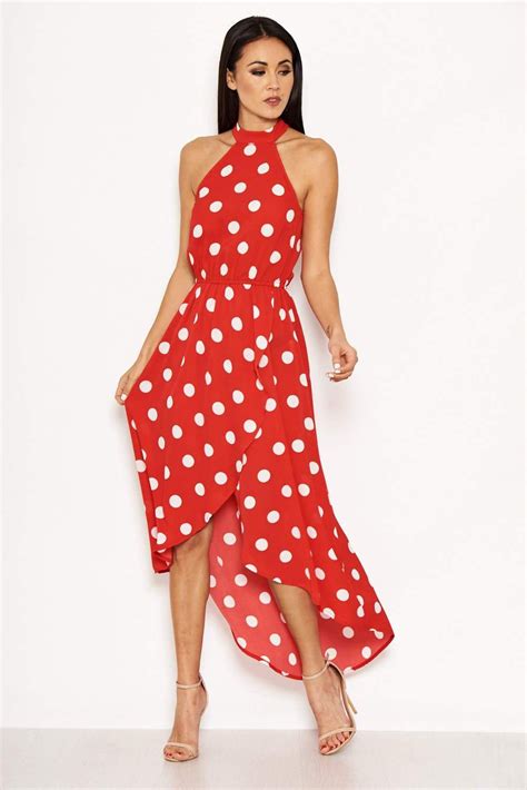 Red Polka Dot High Neck Wrap Dress In Dresses Red Dress Maxi Dot Dress
