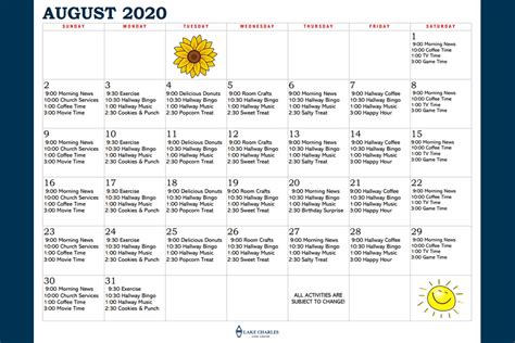 Lake Charles Care Center August Activity Calendar