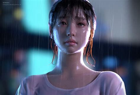 3d Render Digital Art Women Asian Wet Wet Hair Wet Body Face