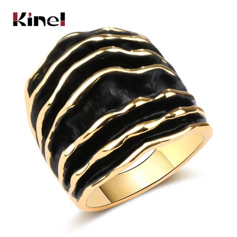 kinel fashion gold silver color punk ring wide chunky stripes enamel wave line statement ring