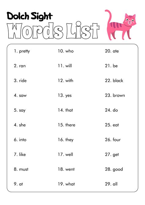 Kindergarten Dolch Sight Words List Printable