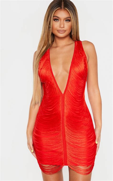 Red Extreme Plunge Tassel Bodycon Dress Prettylittlething