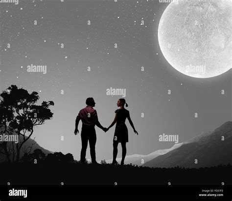 Silhouettes Romantic Couple Under Moon Hi Res Stock Photography And