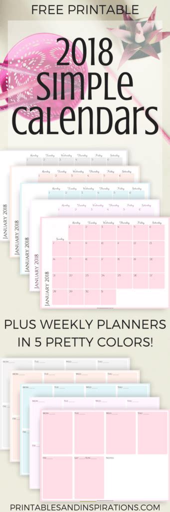 Free 2018 Simple Calendars And Planners In 5 Pretty Colors