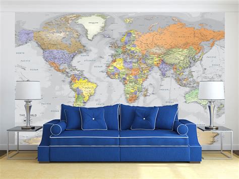 Detailed Gray Oceans World Political Map Mural Giant World Map World