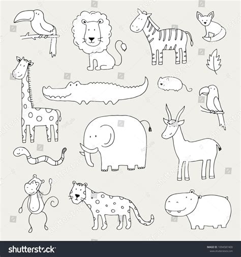 Hand Drawn Set Of Different Jungle Animals Elephant Lion Zebra