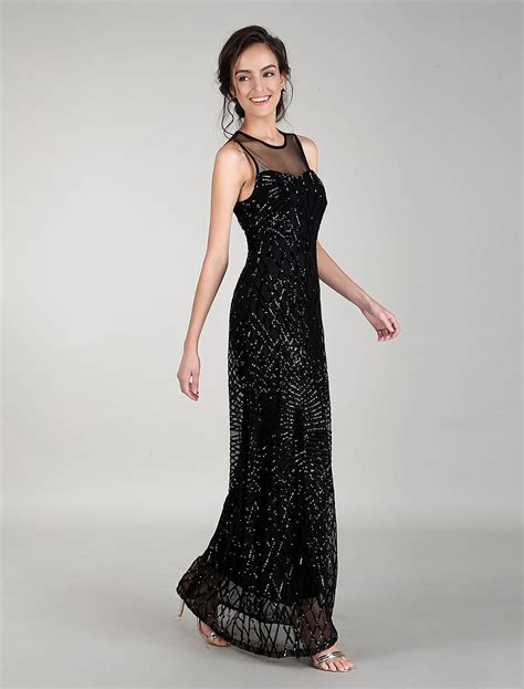 Black Evening Dresses Maxi Sequin Prom Dress Illusion Neck Long Cocktail Dress Boutique Milanoo