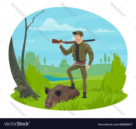 Hunter With Rifle And Trophy Boar Cartoon Icon Vector Image
