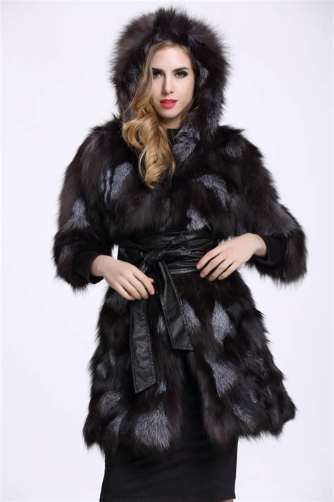 Genuine Real Silver Fox Fur Coat With Hood Women Half Sleeve Long