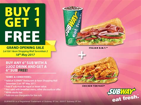 Average prices of more than 40 products and services in malaysia. Subway Buy 6" Sub With 22oz Drink FREE 6" Sub @ Seremban 2 ...