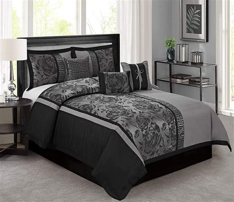 Hig 7 Piece Comforter Set Queen Gray Jacquard Fabric Patchwork Peony Bed In A Bag Queen Size