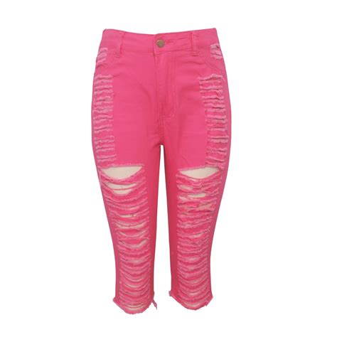 High Waist Pink Knee Length Jeans Ripped Skinny Denim Pencil Pant Buy