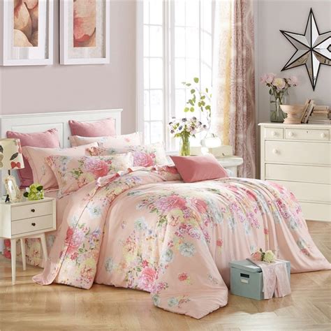 Pastel Pink Flower Print Elegant Girls Full Queen Size Bedding Sets