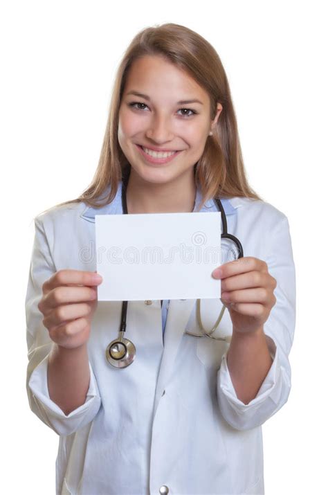 Laughing Female Doctor With Blond Hair Showing Card Stock Image Image Of Exam European 48859925