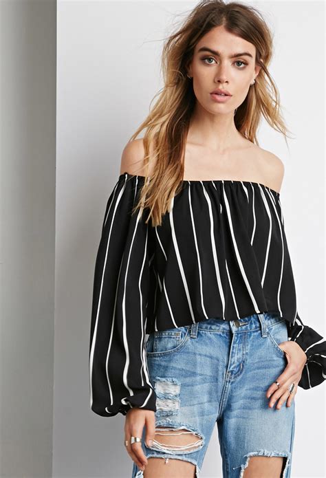 We love long sleeve bardot tops layered underneath high waist mom jeans or frill bardot tops for pretty vibes. Lyst - Forever 21 Striped Off-the-shoulder Top in White