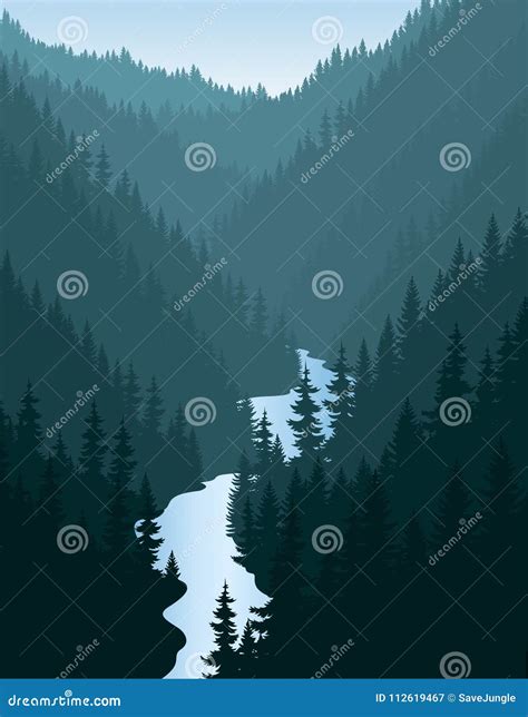 Vector Evening In Beautiful Mountains Forest With River Stock Vector