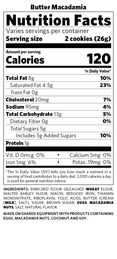 Nutritional Facts Cookie Ts Honolulu Cookie Company