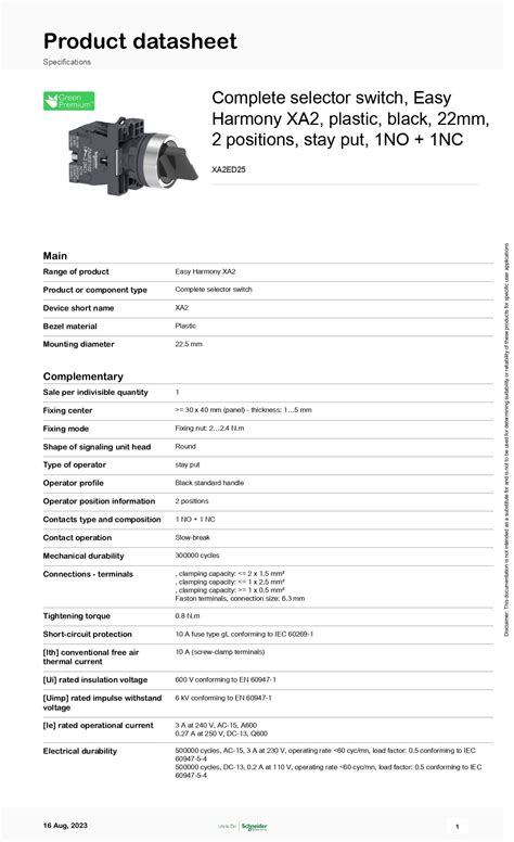 Xa2ed25 Selector Switch Plastic Black 2 Positions 1no 1nc