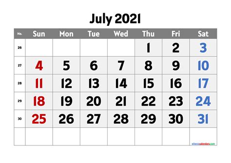 Printable Calendar For July 2021