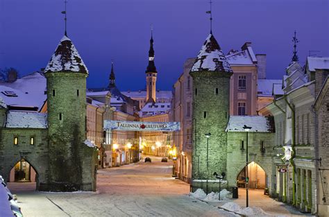 Estonia Winter Houses Street Night Street Lights Tallinn Cities