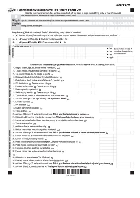 Fillable Form 2m 2011 Montana Individual Income Tax Return Printable