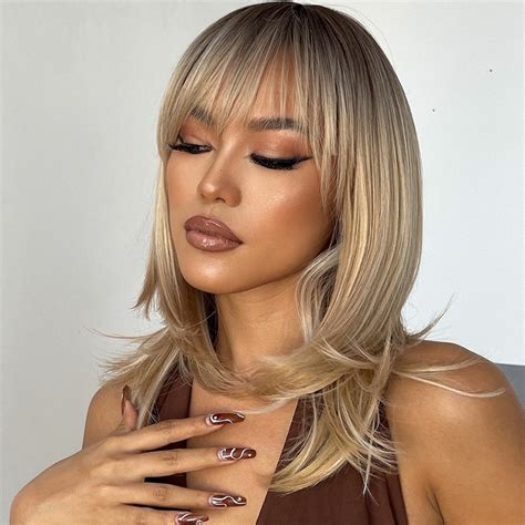 Straight Highlight Synthetic Wig Bangs Ombre Brown Blonde Party Daily