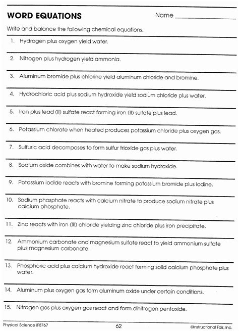 chemistry chemical word equations worksheet answers