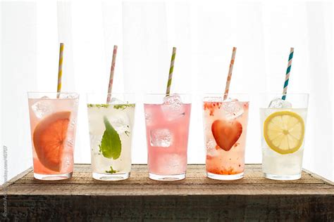 Five Varieties Of Lemonade With Colored Straws By Rhonda Adkins