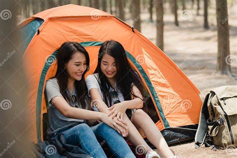 Lgbtq Lesbian Women Couple Camping Or Picnic Together In Forest Teenager Female Enjoy Moment