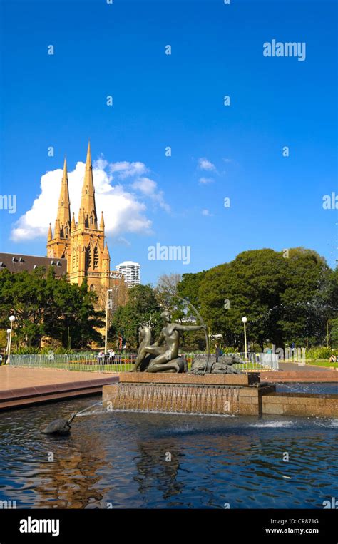 Hyde Park Archibald Fountain And St Mary S Cathedral Sydney New South Wales Australia Stock