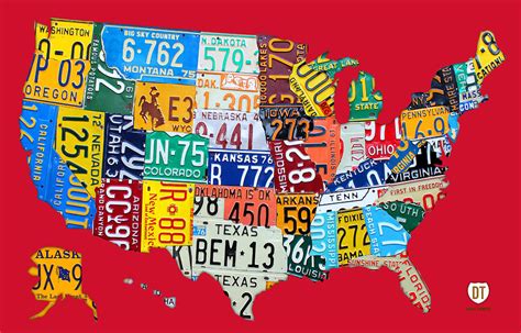 License Plate Map Of The United States On Bright Red Mixed Media By