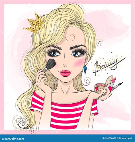 Hand Drawn Beautiful Cute Girl With Makeup Brush Blush And Lipstick In