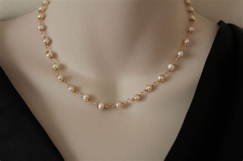 Classic Pearl Necklace Gold Filled Wire Wrapped Jewelry Simple Elegant