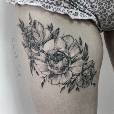 Black And Grey Peony Flowers Tattoo Design For Thigh Peony Flower