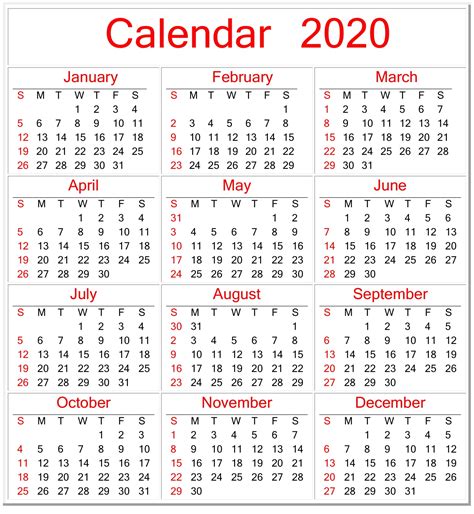 Year Calendar Free Printable 2020 Calendar Printables Free Templates