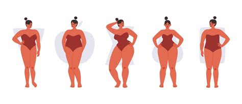 set of full female body types isolated curvy women in red swimwear show off different body