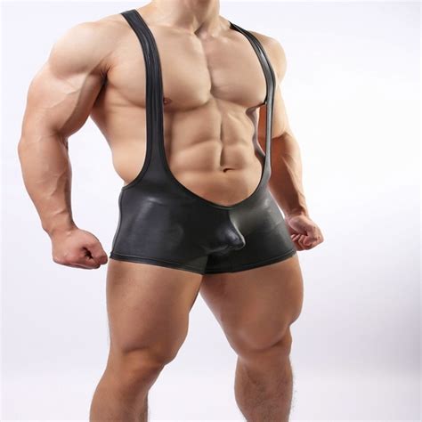 N2n Bodywear Imitation Faux Leather Wrestling Singletmen Sexy Siamese Boxers Underwearleotard