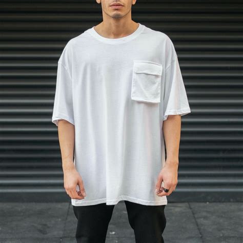 Mens Oversize T Shirt Round Neck Pocket Detailed White