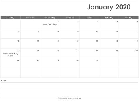 Editable January 2020 Calendar
