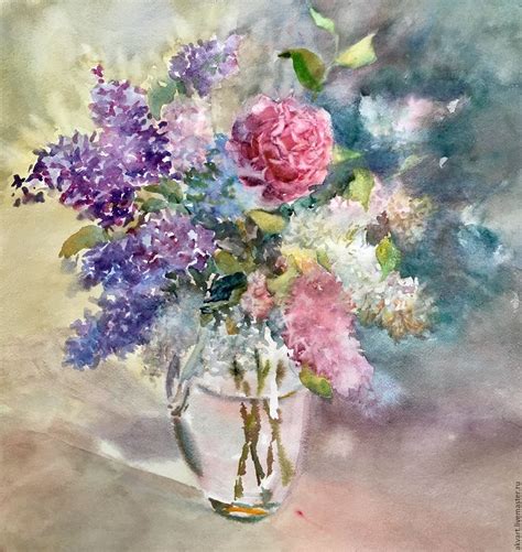 Watercolour Painting Watercolors Flowers A Bouquet Of Lilacs