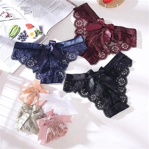 3pcs Sexy Womens Panties Lace Bowknot Underwear For Female Hollow Out Seamless G String Thong