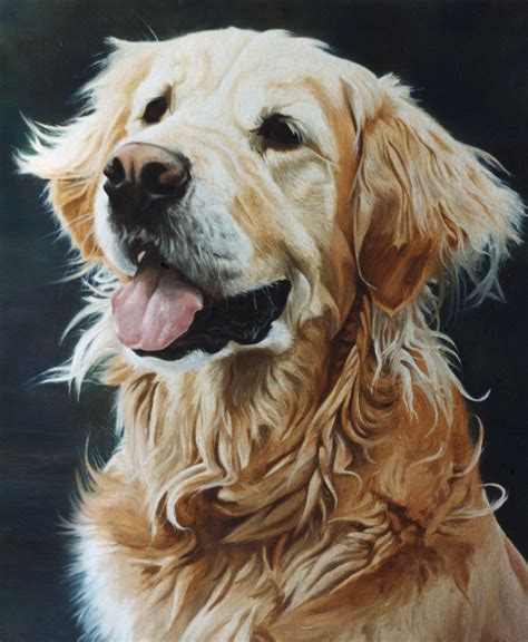 A Painting Of A Golden Retriever Dog With His Tongue Out And Its Eyes