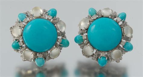 A Pair Of Large Turquoise Diamond And Moonstone Earrings 092410